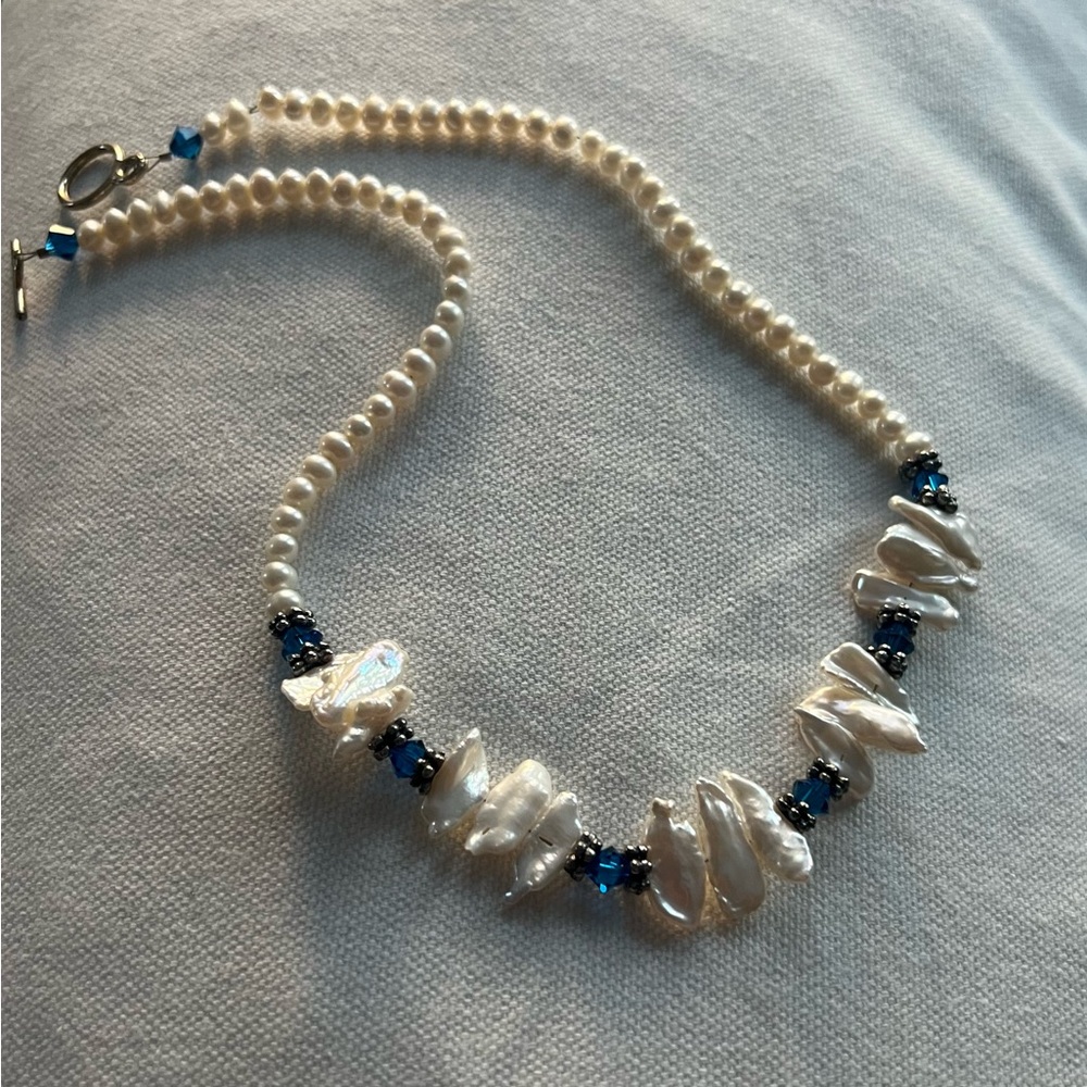 Not Your Grandmother’s Pearl Series
Biwa pearls,Capri Blue Swarovski necklace.